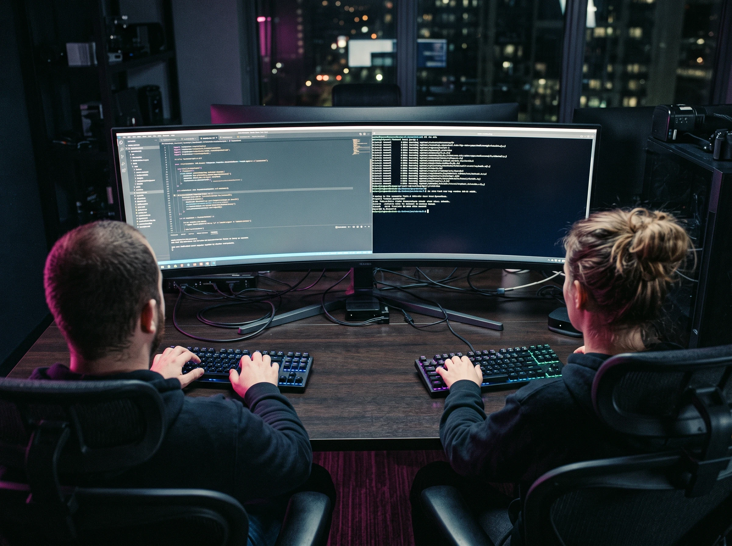 Two developers seen from behind, facing an ultrawide screen with a code editor and a terminal side by side, at night