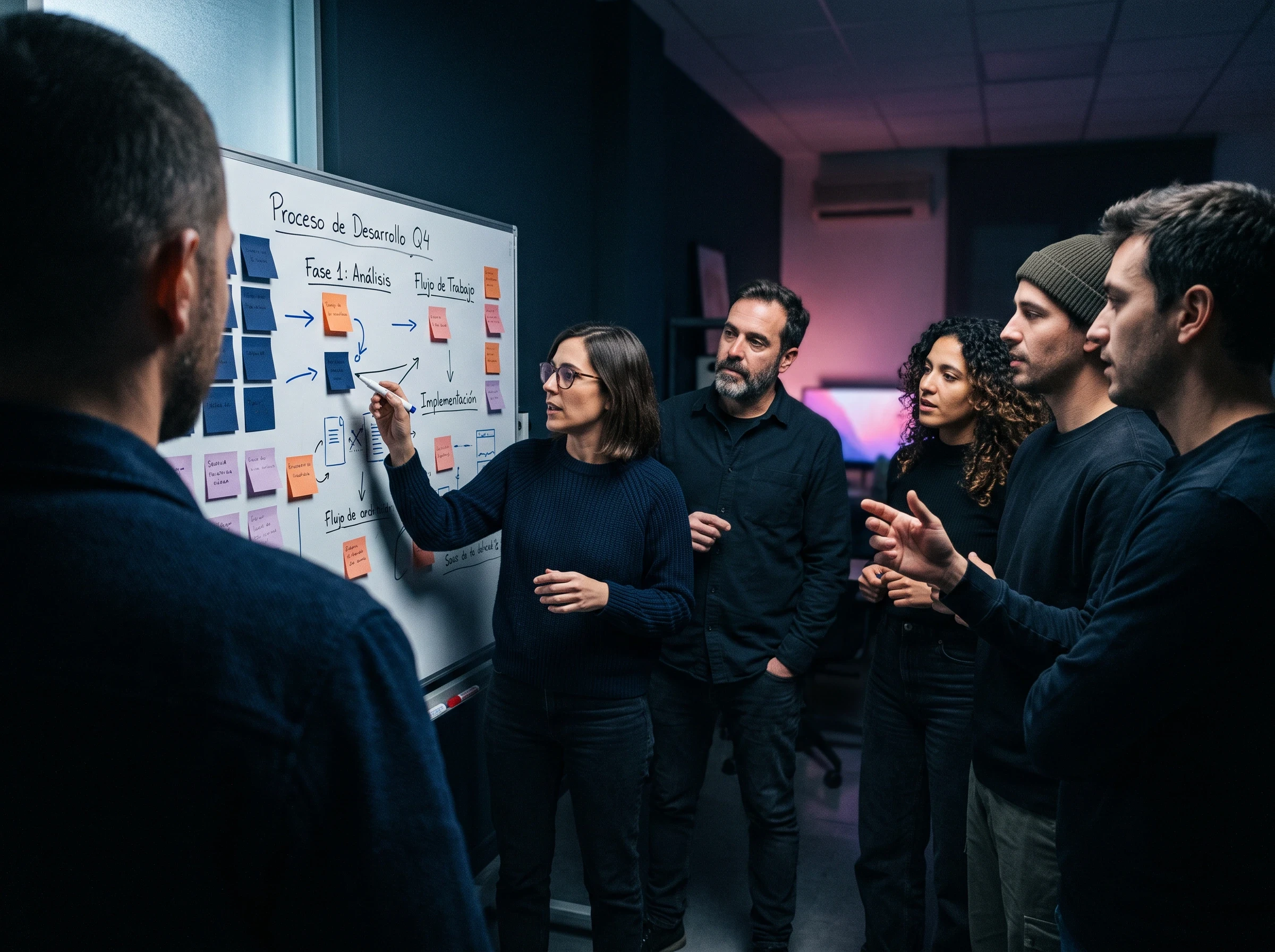 A department standing in front of a whiteboard covered in sticky notes and arrows, discussing a workflow