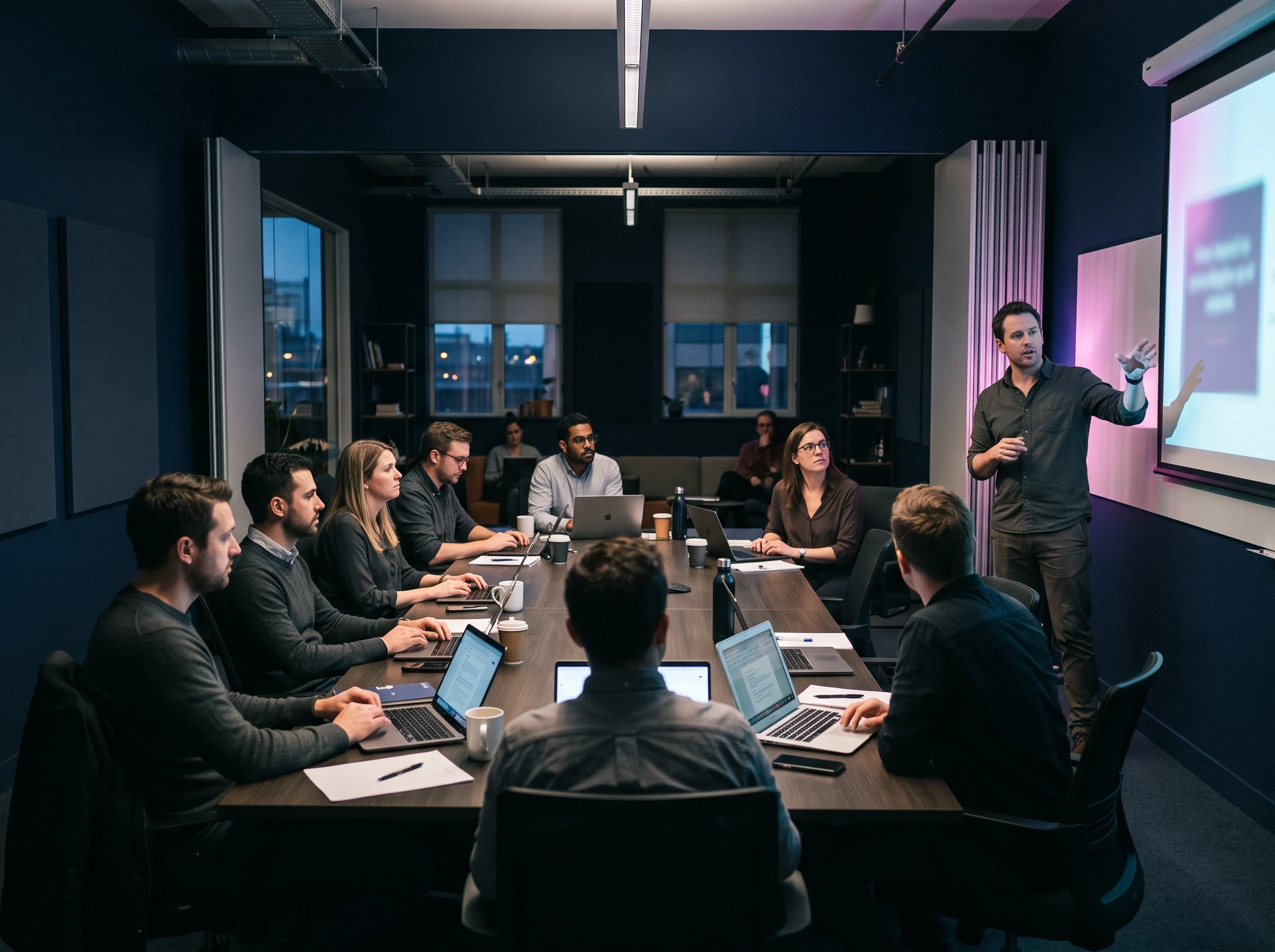 A workshop in a meeting room: a trainer standing and explaining next to the screen while the team follows the session with their laptops open