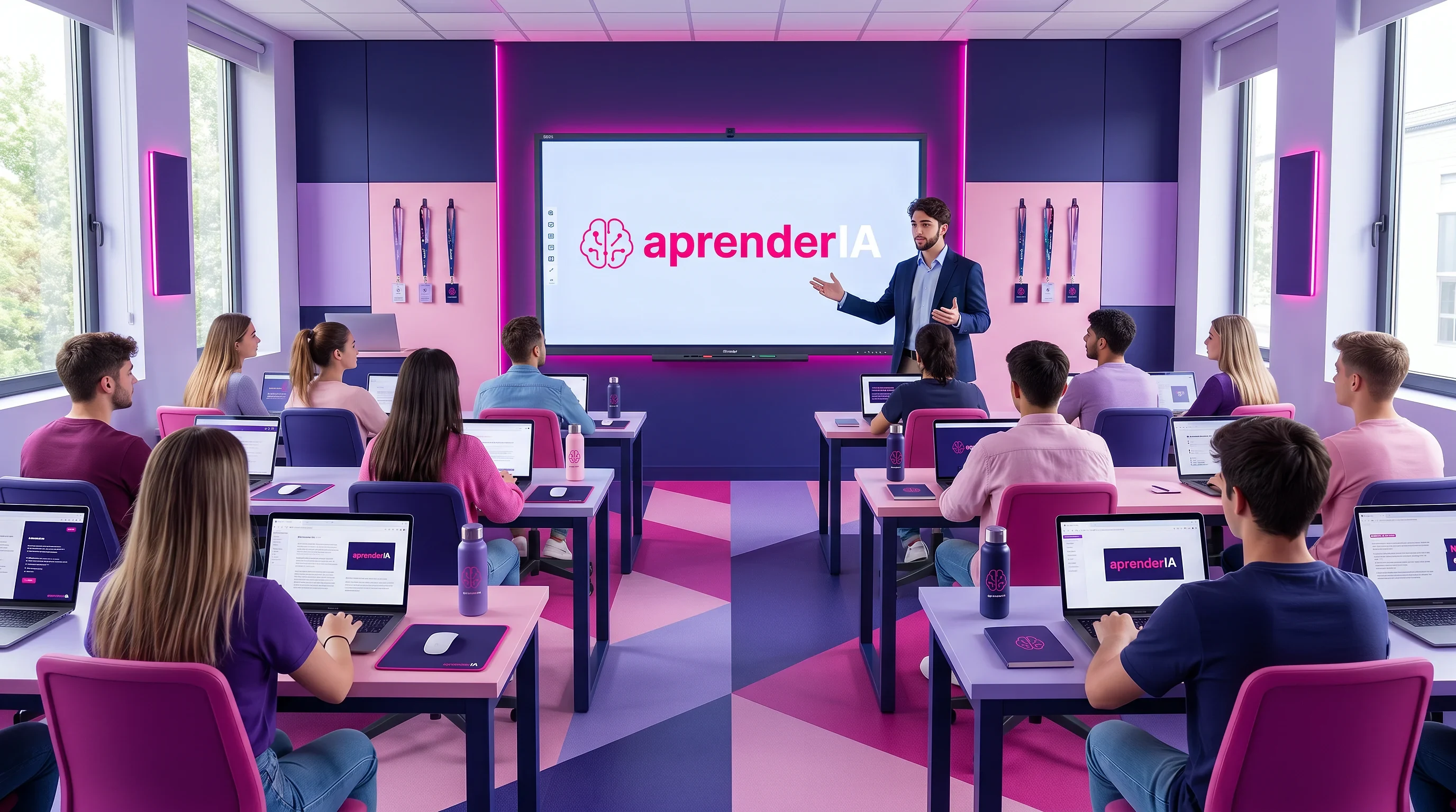 Estudiantes profesionales en aula virtual aprendiendo IA aplicada con instructores expertos en tiempo real